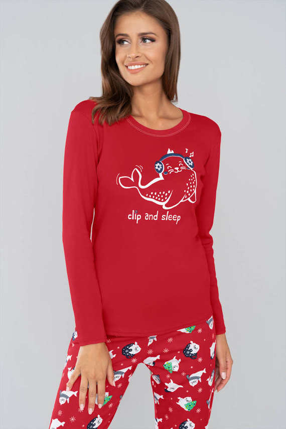 Piżama Damska długi rękaw, długie spodnie Kasjana Italian Fashion- czerwony/druk czerwony