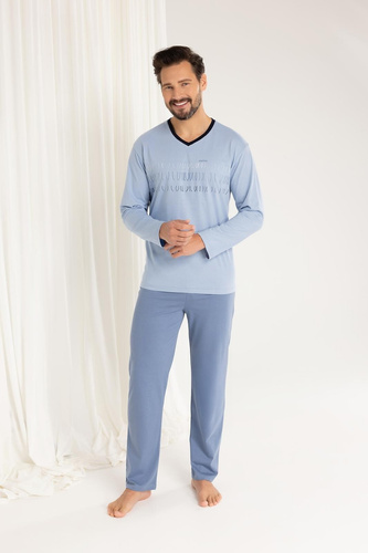 Piżama męska Regina 495 niebieska – bawełna, długi rękaw, wygodna i praktyczna