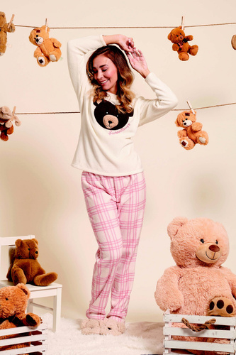 Madlen Sorbetto ecru – ciepła piżama polarowa z haftem i spodniami w kratkę