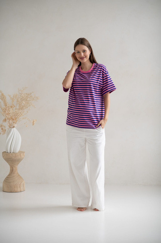 T-shirt do karmienia i ciąży Mamahood oversize z krytymi zamkami OEKO-TEX Milk&Love różowo-niebieskie paski 