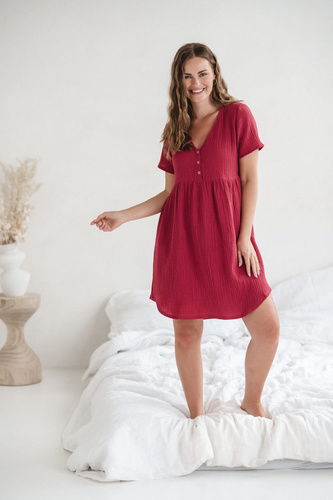 Koszula nocna ciążowa i do karmienia muślinowa Aurora Milk&Love malinowy