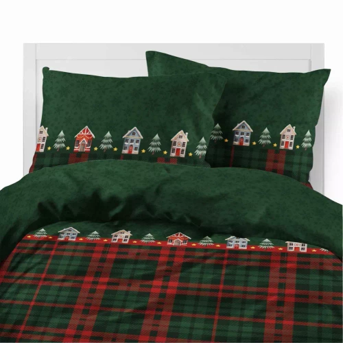 5619 B Magia Świąt Detexpol Pościel świąteczna flanelowa zielona w domki i kratę– bawełna 100%, certyfikat OEKO-TEX®