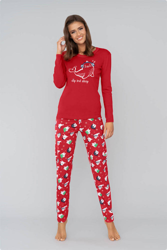 Piżama Damska długi rękaw, długie spodnie Kasjana Italian Fashion- czerwony/druk czerwony 
