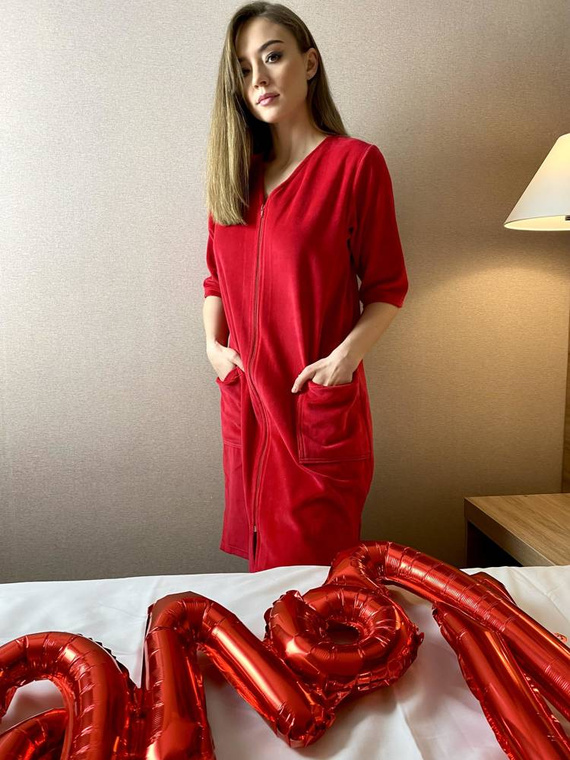 431 Welur Szlafrok Damski Forex - czerwony