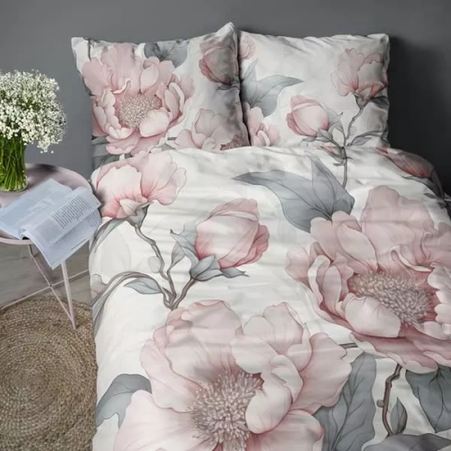 Pościel 3D z mikrofibry 5428 A Detexpol – z różowymi piwoniami i szarymi liśćmi
