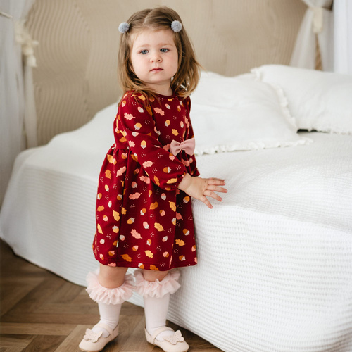 Fluffy Tails Eevi – Sukienka dziecięca bordo, bawełna, druk, długi rękaw