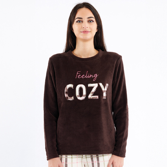 Liliana Sorbetto brązowa – piżama damska polarowa w kratę z haftem