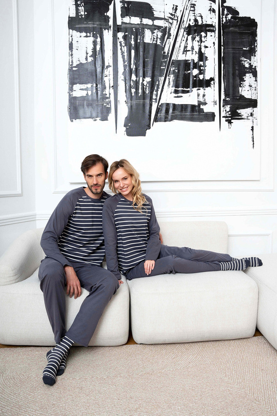 Piżama Damska długi rękaw, długie spodnie Oda Italian Fashion - druk grafitowy/grafitowy