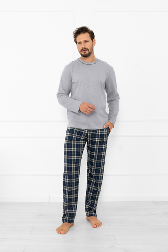 Piżama męska Andreas – klasyczny komplet z długą koszulką i spodniami w kratę Italian Fashion - melanż/druk