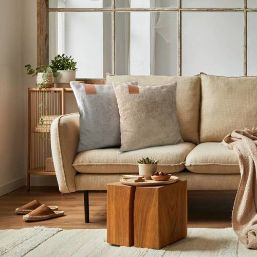 Poszewka z miękkiej szenilowej tkaniny ze skórzaną wstawką Eurofirany beżowy