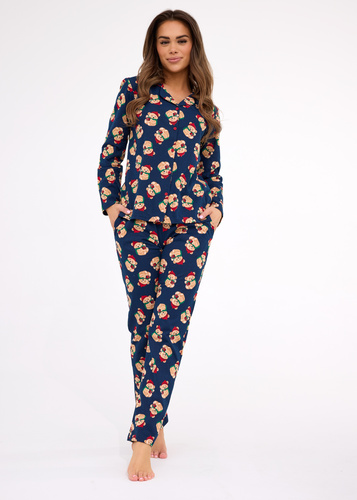 Cornette Teddy 5 482/459 – damska piżama świąteczna z bawełny, granatowa koszula na guziki