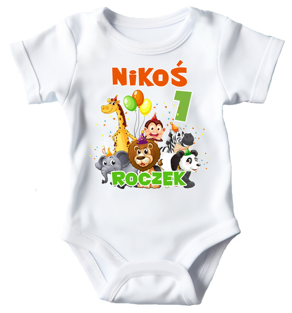 Body krótki rękaw na roczek "Roczek urodziny z imieniem Safari" Moocha biały