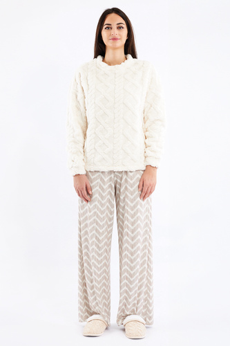 Sofie Sorbetto kremowa  – piżama damska sherpa, spodnie palazzo w zygzaki