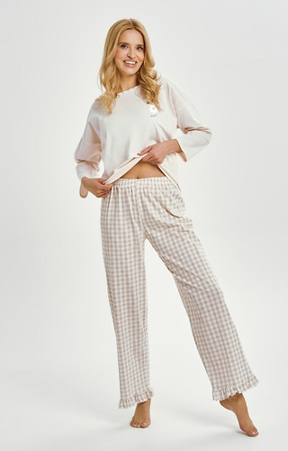 Piżama damska Taro 3438 Vera – bawełniana, koszulka z nadrukiem, spodnie w kratkę z falbanką