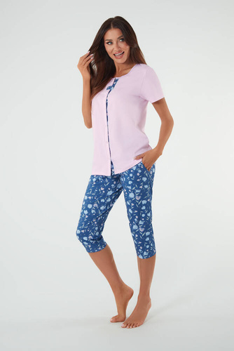 Piżama Damska krótki rękaw, 3/4 spodnie Lady Italian Fashion- róż/druk 