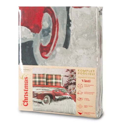 Eurofirany pościel świąteczna Vinti – czerwona kratka, bawełna 100%, motyw samochodu