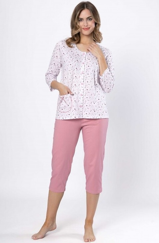 Damska piżama bawełniana 1636 Dobrusia – rękaw 3/4, guziki, komfortowa i stylowa
