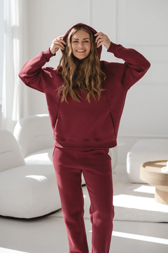 Motherhood Milk&Love – bluza ciążowa oversize z zamkami do karmienia, burgundowa bawełna z meszkiem