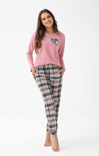 Luna 322 różowa – bawełniana piżama damska, serduszka i spodnie w kratkę