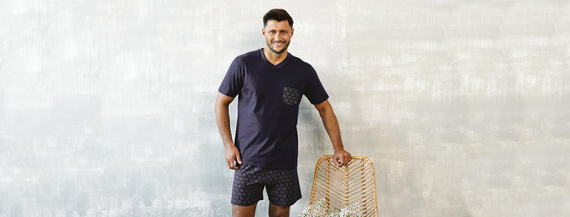 Piżama Męska krótki rękaw, spodenki Diaz Italian Fashion - granatowy/druk