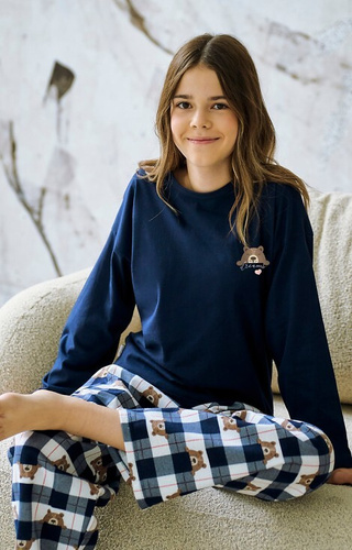 Taro Astrid 3503 granatowa – piżama dziewczęca bawełniana, flanelowe spodnie