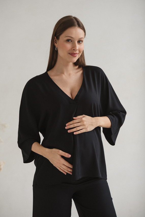 Milk&Love Bluzka ciążowa i do karmienia Mamafullness czarna wiskoza, oversize, rękaw 3/4