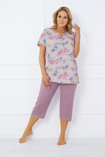 Piżama Damska krótki rękaw, 3/4 spodnie Inger Italian Fashion - druk/wrzosowy 