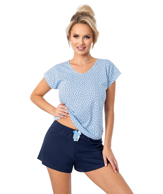 Donna Star Short – bawełniana piżama damska w gwiazdki, dekolt w serek, niebieska