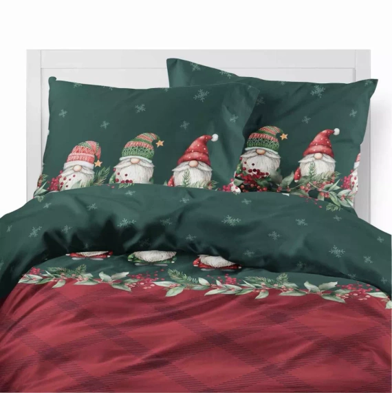 5618 A Magia Świąt Detexpol Pościel świąteczna flanelowa w skrzaty na bordowo-zielonym tle– bawełna 100%, certyfikat OEKO-TEX®