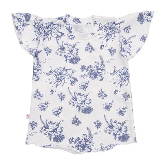 T-shirt dziewczęcy Eevi Botanic – biały w niebieskie kwiaty, motylkowy rękawek | bawełna