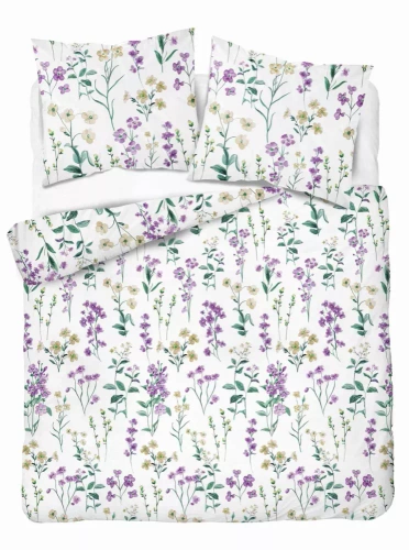 5634 B Detexpol Pastel Flowers biała w polne kwiaty fioletowo-żółte pościel flanelowa bawełniana, miękka i przytulna