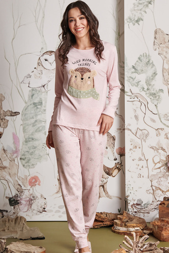 Piżama damska Antea Sorbetto różowa – jersey, z aplikacją 3D, długa, różowa