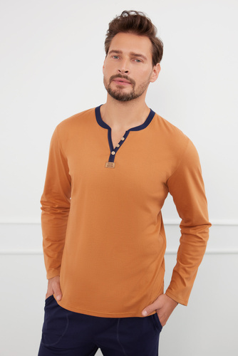 Piżama Męska długi rękaw, długie spodnie Juliusz talian Fashion - koniak/granatowy 