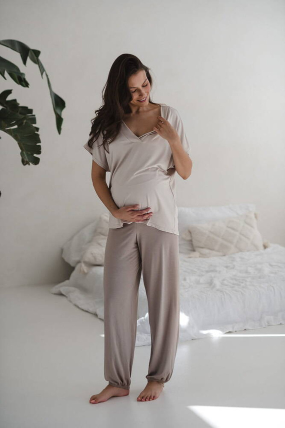 Bambusowa bluzka od piżamy ciążowej do karmienia krótki rękaw Moon Milk&Love jasny beżowy