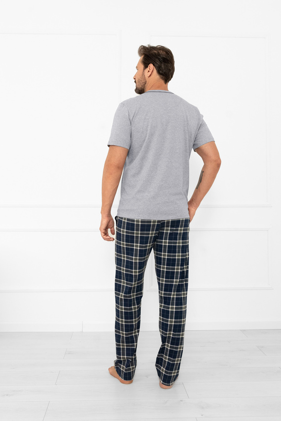 Piżama męska Andreas – klasyczny komplet z koszulką i spodniami w kratę Italian Fashion - melanż/druk