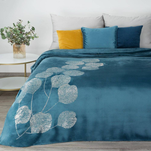 Koc narzuta z mikrofibry z błyszczącym nadrukiem liści Ginko 2 Eurofirany miodowy