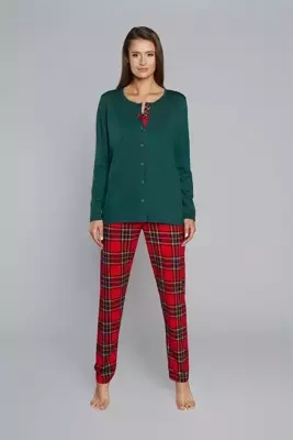 Piżama Damska długi rękaw, spodnie Zorza Italian Fashion - zielony/druk