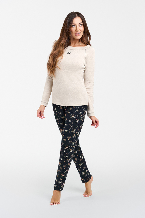 Piżama Damska długi rękaw, długie spodnie Denali Italian Fashion - beżowy melanż/druk