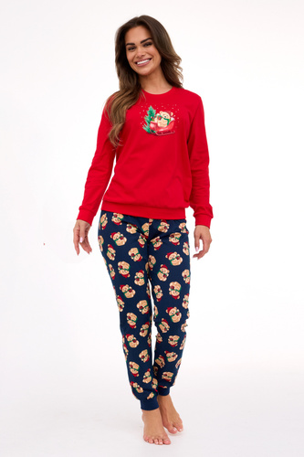 Cornette Teddy 671/422 – piżama damska świąteczna, czerwona, bawełna, długi rękaw