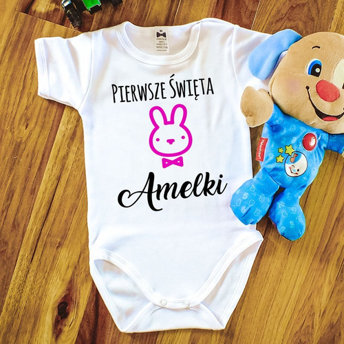 "Pierwsze Święta Wielkanocne róż" body krótki rękaw Moocha białe