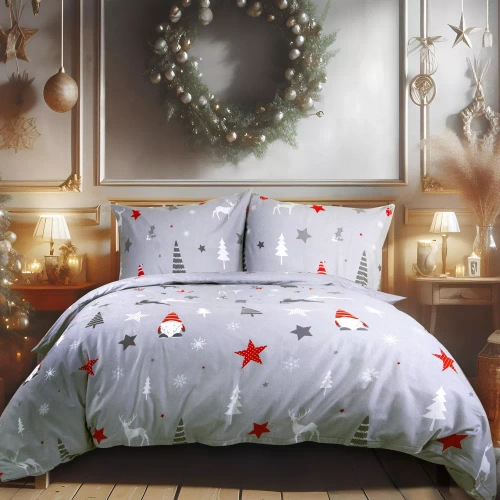Pościel flanelowa świąteczna 31508/1 gwiazdki drzewa Darymex szary
