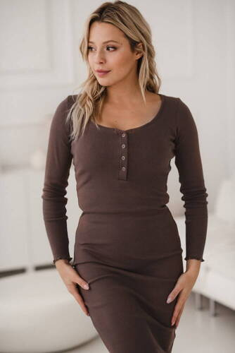 Sukienka ciążowa i do karmienia z dzianiny w prążek Tummy Milk&Love cappuccino