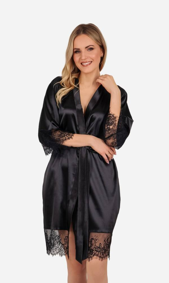 Szlafrok damski z koronką Gloria ByShelly - czarny