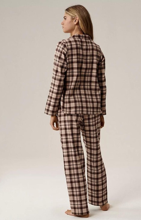 Piżama damska Atlantic NLP-505 brązowy– flanela, rozpinana, w kratkę, długi rękaw, 100% bawełna
