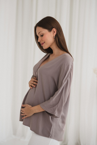 Milk&Love Bluzka ciążowa i do karmienia Mamafullness beżowa wiskoza, oversize, rękaw 3/4