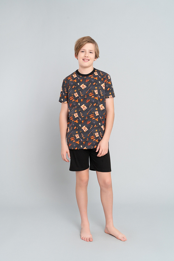 Piżama chłopięca krótki rękaw, spodnie Western Italian Fashion - grafit/czarny