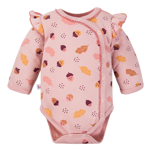 Różowe body kopertowe Fluffy Tails Eevi – Długi rękaw, falbanki i jesienny nadruk