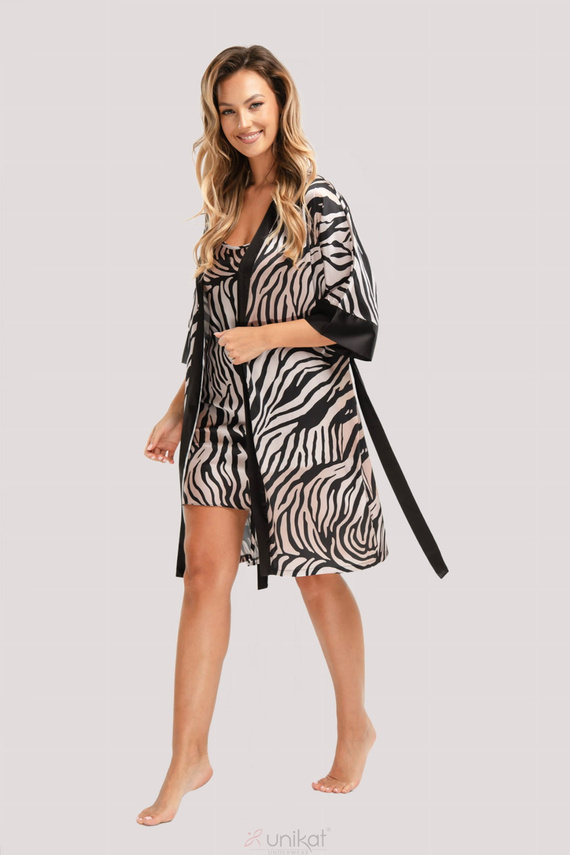 Unikat Braga – satynowy szlafrok damski zebra, elegancki, z czarną lamówką