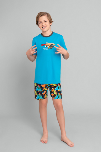 Piżama chłopięca krótki rękaw, spodnie Komiks Italian Fashion -turkusowy/druk
