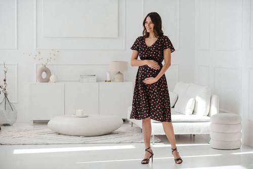 Sukienka ciążowa i do karmienia Lovely Dress Midi Milk&Love navy w różyczki